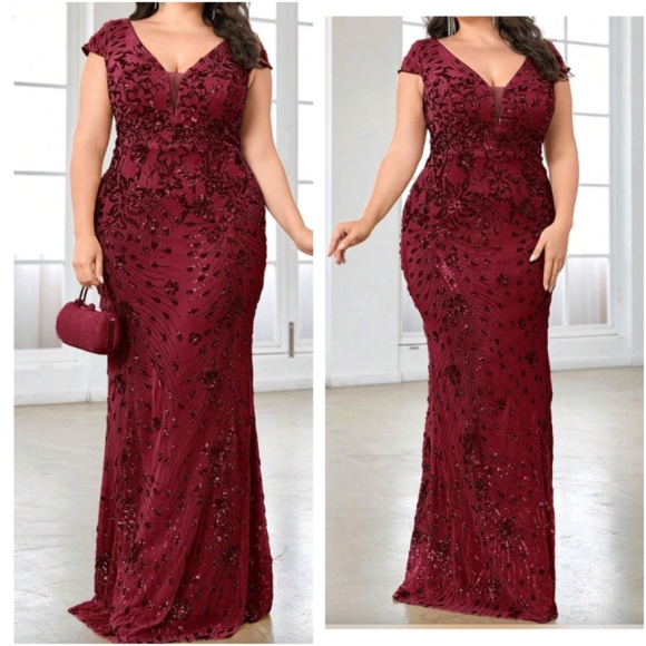 Plus V neck Sequin High Waisted Formal Black Tie Wedding Dress - Picture 8 of 13